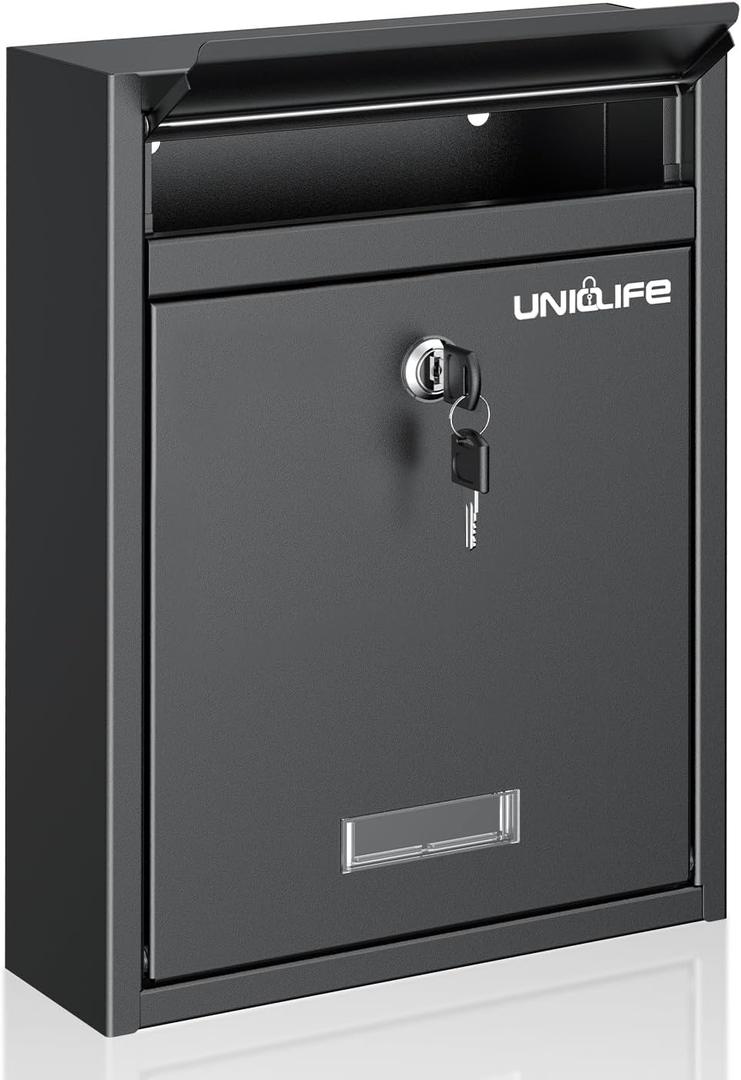 Uniclife Wall Mount Mailbox for Outside, Locking Mail Box, Large Mailbox with Key Lock, Security Mail Box for House, Safe Key Drop Box, Post Box, Steel Cash Drop Box for Home Office School, Black 