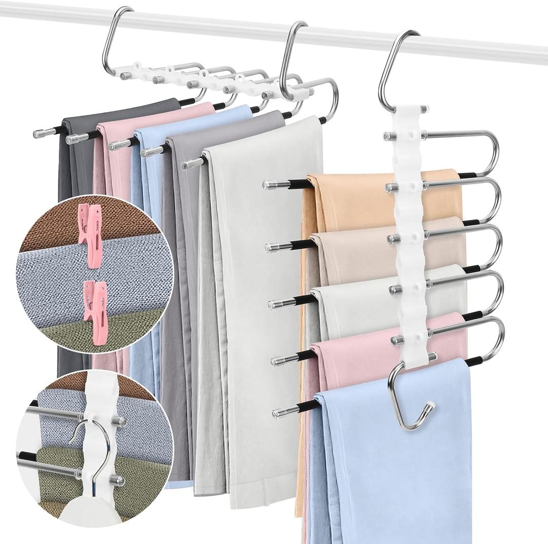 SAN LIKE 2 Pack 5 Layers Pants Hangers Space-Saving Stainless Steel Closet Hangers 20pcs Fixed Clips Non-Slip Multi-Functional Pants Rack Two Hanging Modes for Trousers Jeans Leggings Scarf Skirts