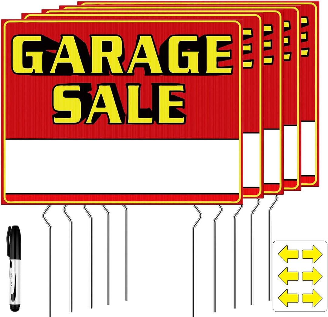 Garage Sale Signs with Stakes, Double Sided 5 Pack 17 x 13 Inch Yard Sale Signs, Waterproof Corrugated Plastic Sale Signs Kit with 10 Metal Stakes, Arrow Stickers and Marker for Outdoor Garage Sale, 5 Pcs