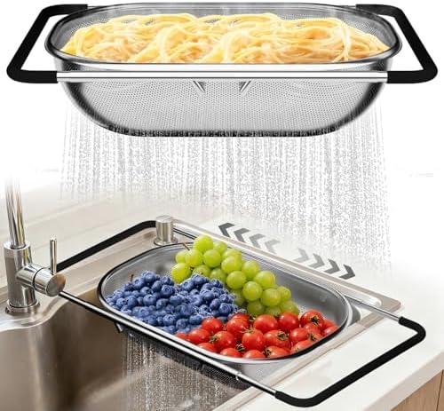 Over the Sink Colander - Strainers and Colanders - Sink Strainer Basket - Expandable Fine Mesh Strainer with Rubber Grip for Veggie, Fruits, Pasta, Home Kitchen Essentials (9.5W x 13.4-21.3L x 3.3H)