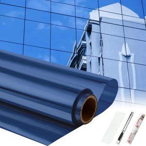 Pushglossy 36 Inch x 50 ft One Way Window Film Privacy Daytime Reflective Mirror Window Tint Sun Blocking Thermal Insulated Film Heat Control Static Cling Tint Anti UV (Dark Blue Silver)