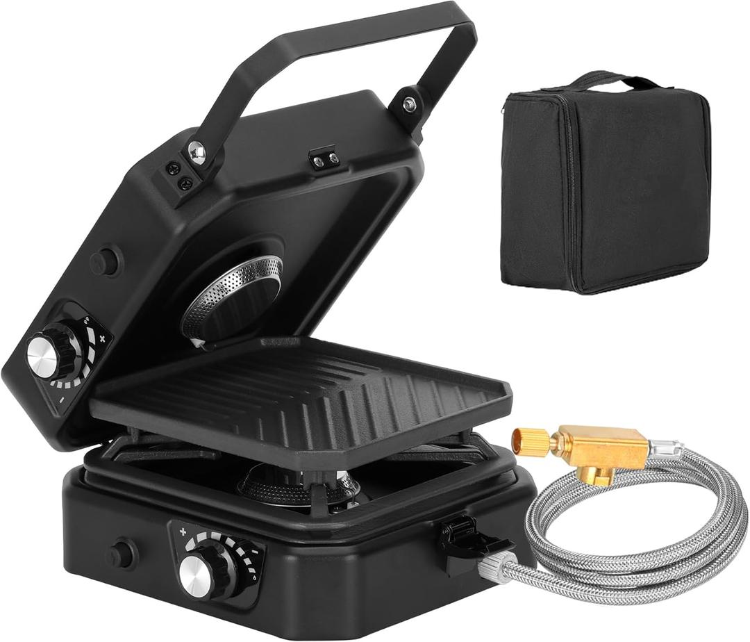 2 Burner Propane Stove Compatible with Propane Cylinders,2 Burner Camp Stove with Griddle and 16000 BTU Adjustable Burners, Portable Camping Stove Propane with Carry Bag and Handle for Camping, Black 