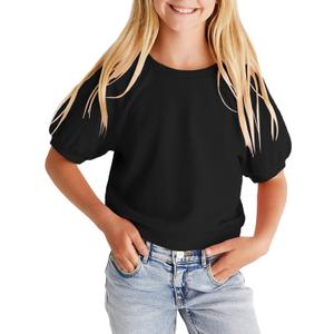 simtuor Kids Girls Cute T-Shirt Short Puff Sleeve Basic Solid Casual Loose Pullover Ribbed Cuffs Hem Tees (L, Black)
