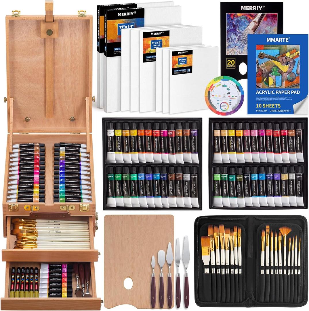 MERRIY 80-Piece Acrylic Paint Set, Artist Painting Supplies Kit with Tabletop Sketch Box Easel, 48 Colors Acrylic Paints,11"x 14"Stretched Canvas &More, Premium Acrylic Painting Set for Adults