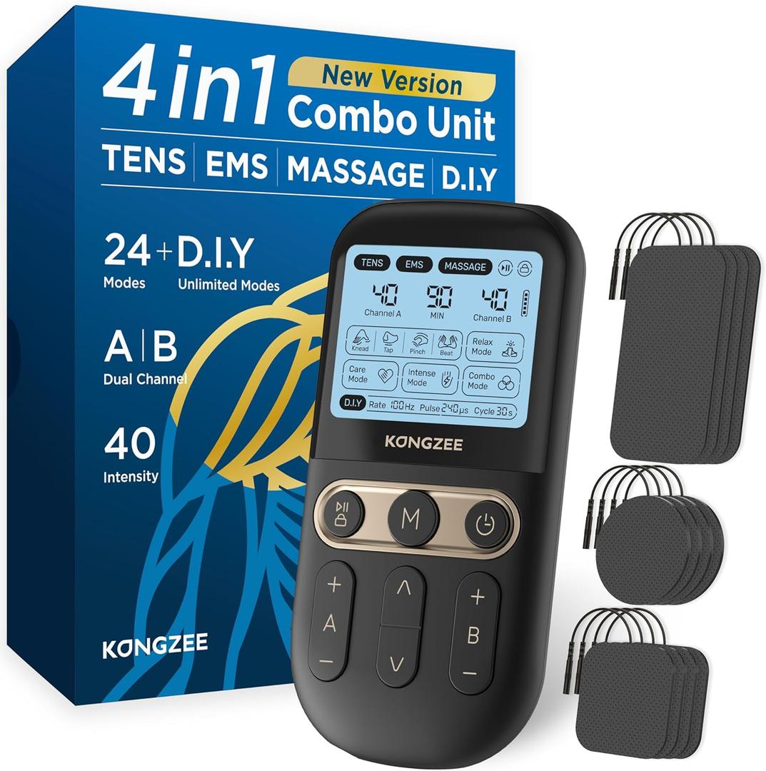 4 in 1 - D.I.Y & Tens Unit & EMS & Massage Muscle Stimulator, Dual Channel TENS Units Therapy Machine for Pain Relief, FDA Cleared Rechargeable Electronic Pulse Massager, with 12pcs Electrode Pads