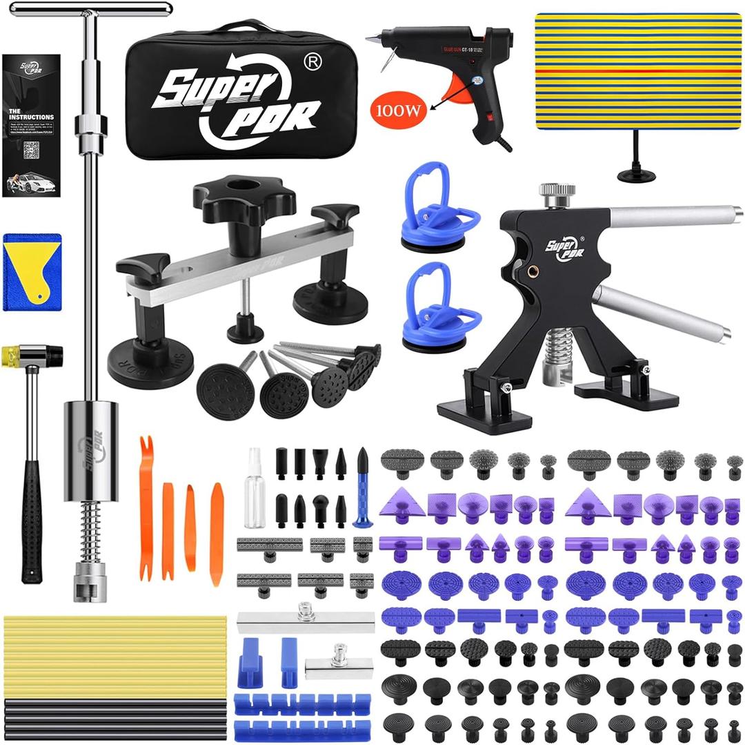 Super PDR Paintless Dent Repair Kit, Car Dent Removal Tools, PDR Tools, Dent Puller Kit with Dent Lifter, Bridge Puller, Slide Hammer TBar for Car Body Dents, Kit Includes Glue Removal Tool