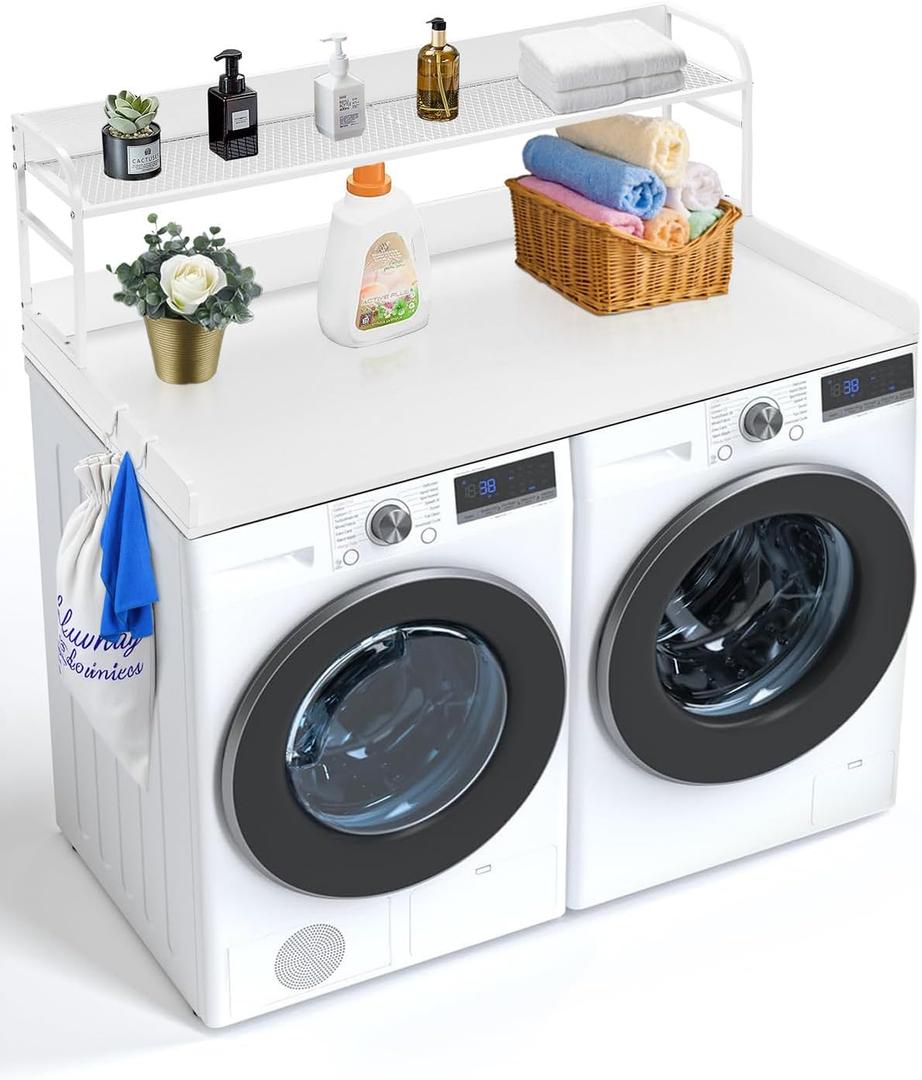 VEVOR 2-Tier Washer Dryer Countertop with Shelf, 54" x 27" Wooden Laundry Countertop with 2 Hooks & Anti-Slip Pads, Washer and Dryer Covers for The Top for Laundry Room Organization and Storage, White