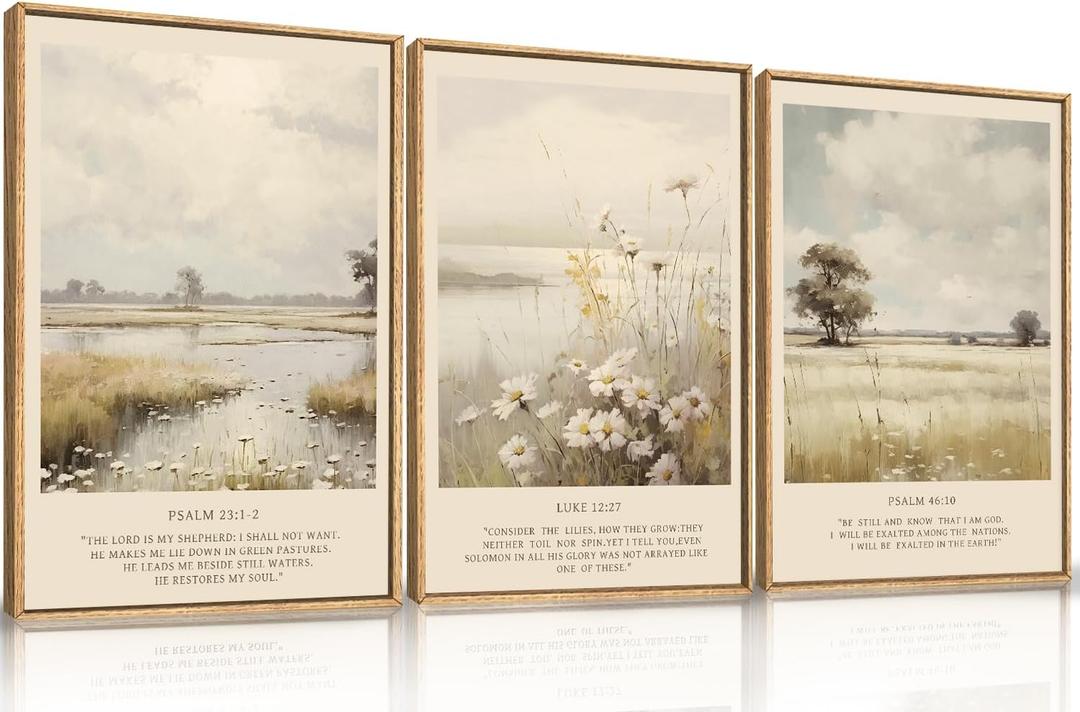 HPINUB Christian Bible Verse Framed Canvas Wall Art Set,Modern Scripture Floral Wall Decor,Vintage Jesus Religious Natural Wildflower Art Print for Living Room,Bedroom,Farmhouse,Prayer Room-16"x24"x3