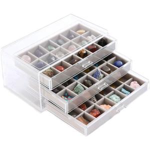 Rock Collection Display Case - 54 Slot Crystal Display Box, Acrylic Rock Display Shelf | 3-Tier Gemstone Organizer Box for Minerals, Shells, Miniatures & Souvenirs, Clear Display Case for Collectibles