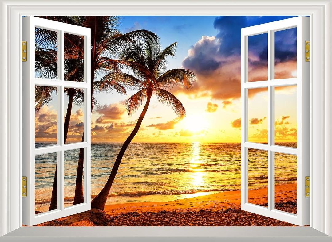 Beach Fake Window Wall Sticker Mural Wall Decal Stick and Peel - 48"x32"