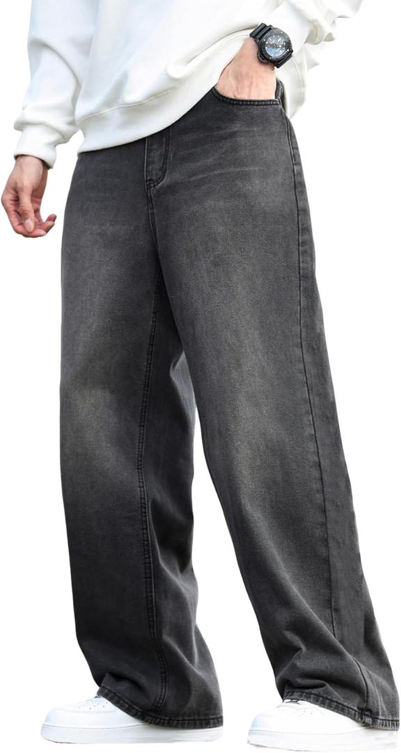 Mens Baggy Jeans Distressed Wide Leg Denim Pants Casual Loose Fit Trousers Streetwear (Large, B10 Black)