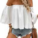 Women's Sexy Cute Off Shoulder Ruffle Hem Flowy Chiffon Blouses Top, White Small