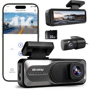 4K Front and Rear Dash Cam, Night Vision, 5GHz WiFi & APP Control, G-Sensor, Parking Monitor, Loop Recording, 170° Wide Angle, 3.2 Inch Screen, Dash Camera with 32GB SD Card