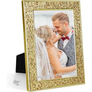 HIKWADERY 5x7 Picture Frame Glitter, Gold Bling 5 by 7 Photo Frames with HD Real Glass, for Wall or Tabletop Display, Family Friends Wedding Christmas Day Gift (5 x 7, Gold)