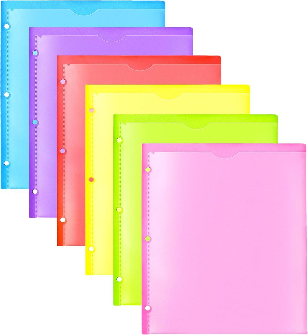 Heavy Duty Plastic Folders with Clear Front Pocket - 6PCS, 3 Pockets Folders with 3 Holes Fits 3 Ring Binder, Includes Card Slot, for Letter Size Sheets, Assorted Bright Colors (Pink, Yellow, Red, Green, Purple, Blue)