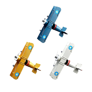 Biplane Decor Set: 3 Metal Airplane Models for Home & Office, White/Yellow/Blue, Rotating Propellers