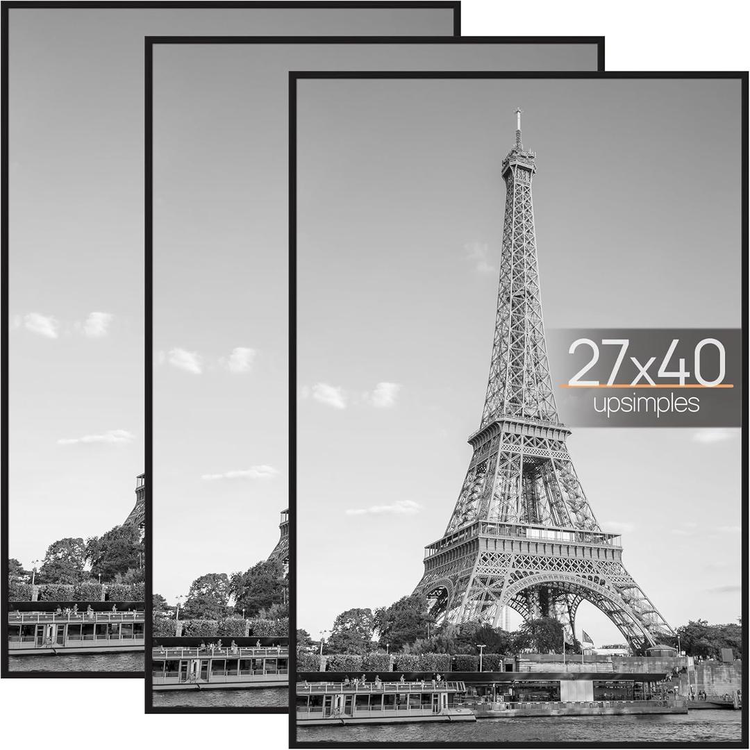 Upsimples 27x40 in Poster Frame Black 3 Pack, Scratch-Proof Picture Frames 27 x 40 for Photo Gallery - Slide-In Strips, Horizontal or Vertical Wall Mounting