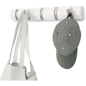 Umbra Flip Wall-Mounted Coat Rack with 5 Hooks Modern, Space-Saving Storage for Hats, Jackets, Bags, Entryway, Mudroom, Closet, Bathroom, Bedroom White/Nickel