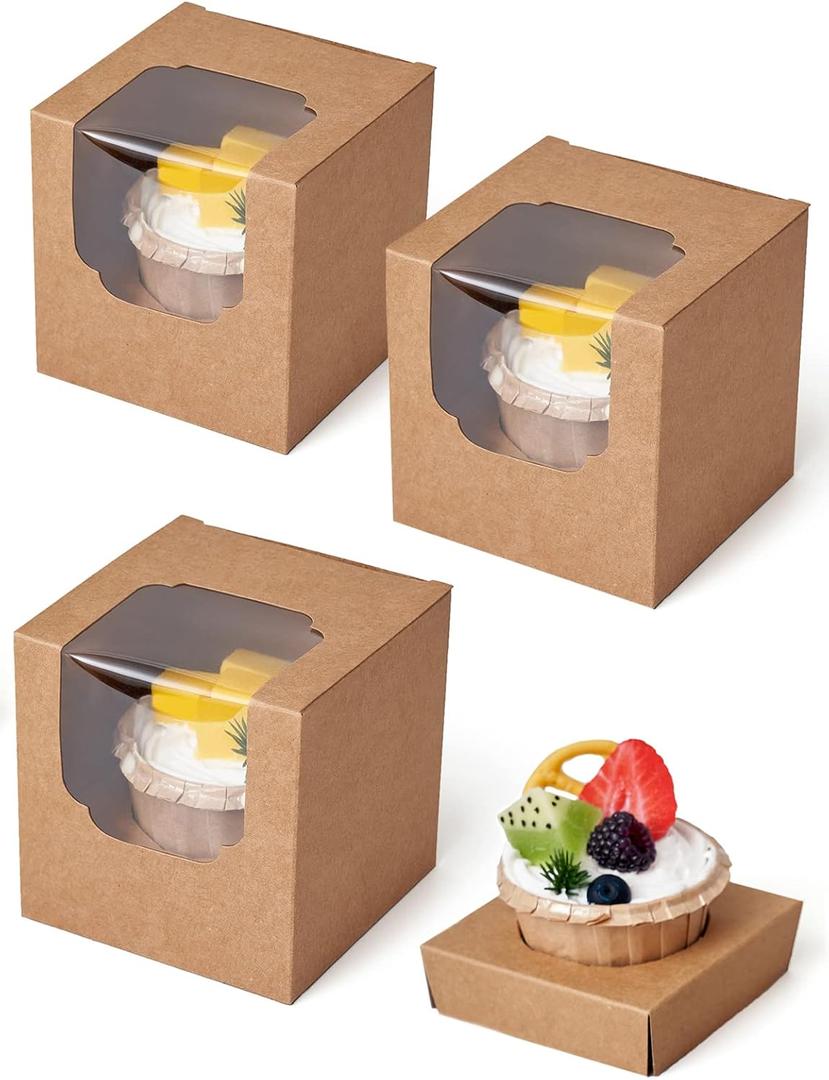 Happyhiram Cupcake Boxes 100 Pcs Bulk Brown Kraft IndividualBox, Single Containers Paper Holders with Inserts and Window for Muffins Cocoa Bombs Packaging Togo Boxes for Birthdays Showers Party Favor