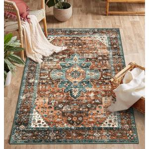 Moynesa Ultra-Thin Washable Vintage Area Rug - 3x5 Boho Non-Slip Entryway Rug Oriental Medallion Living Room Rug Entrance Mat Carpet for Kitchen Laundry Bathroom Bedroom, Brick Red/Dull Teal