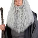Gray Wig and Beard Long Curly Grey Beard Costume Wigs Set Synthetic Hair for Men Halloween Party
