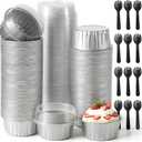 200 Pcs Aluminum Foil Baking Cups with Lids, 5 oz Disposable Ramekin Baking Cups Muffin Tins Brulee Cupcake Liners Foil Cupcake Containers with Spoons for Christmas Wedding Birthday (Silver)