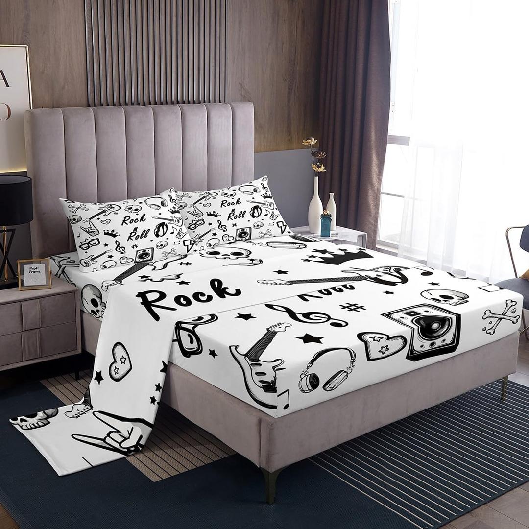 Rock and Roll Bed Sheet Set Twin Size,Kids Musical Notes Bass Guitar Headset Print Sheet Set Room Decor,Cute Stars Skull Heart Black Sketch Bedding Set for Boys Teens,(1 Fitted+1 Flat+1 Pillowcase)