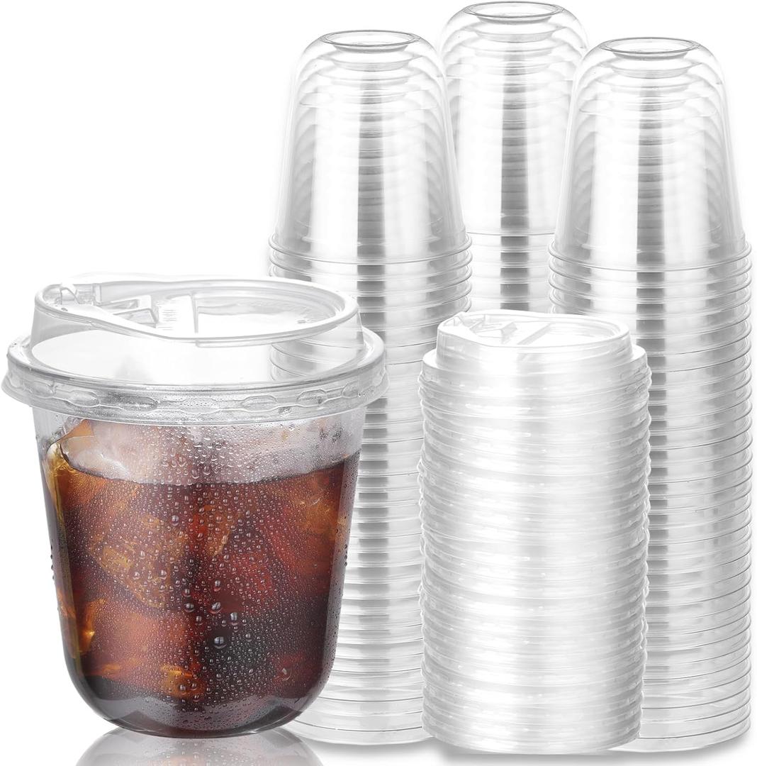 100 Pcs Plastic Coffee Cups with Sip Lids Disposable Cups, Disposable Strawless Plastic Cups for Smoothie, Cold Drinks, Coffee Shops, Party Catering(12 oz)