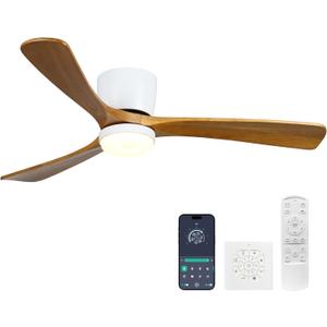 Ceiling Fans with Lights and Remote Control, 52 Inch Solid Wood Blade, Low Profile Flush Mount, LED Dimmable DC Reversible Modern Ceiling Fans with APP Control for Bedrooms, Living Rooms, Patio, White