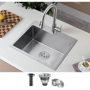 21 Inch Kitchen Sink Single-Bowl - Drop in Stainless Steel Residential Sink with Single Hole, Top-Mount Modern Sinks with Rear Drain, Nano-Silver, 21" X 18" X 9"