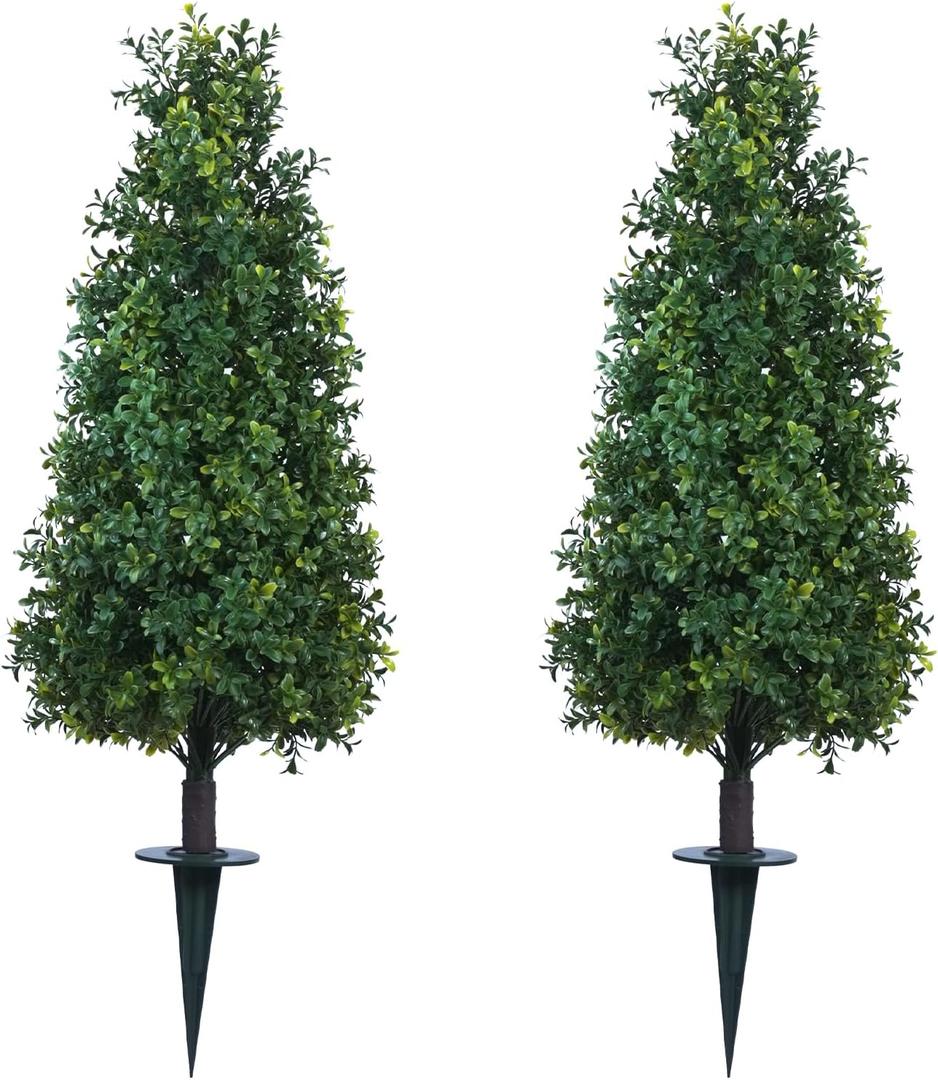 3FT Artificial Boxwood Topiary Balls Trees with Ground Spike, 2 Pack UV Resistant Artificial Shrubs, Fake Evergreen Artificial Plant Brush for Indoor Outdoor Front Porch Garden