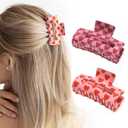 2Pcs Checkered Rectangle Multicolored Hair Claw - Strong Hold Y Hair Accessories for Thin and Thick Hair (Red Pink)