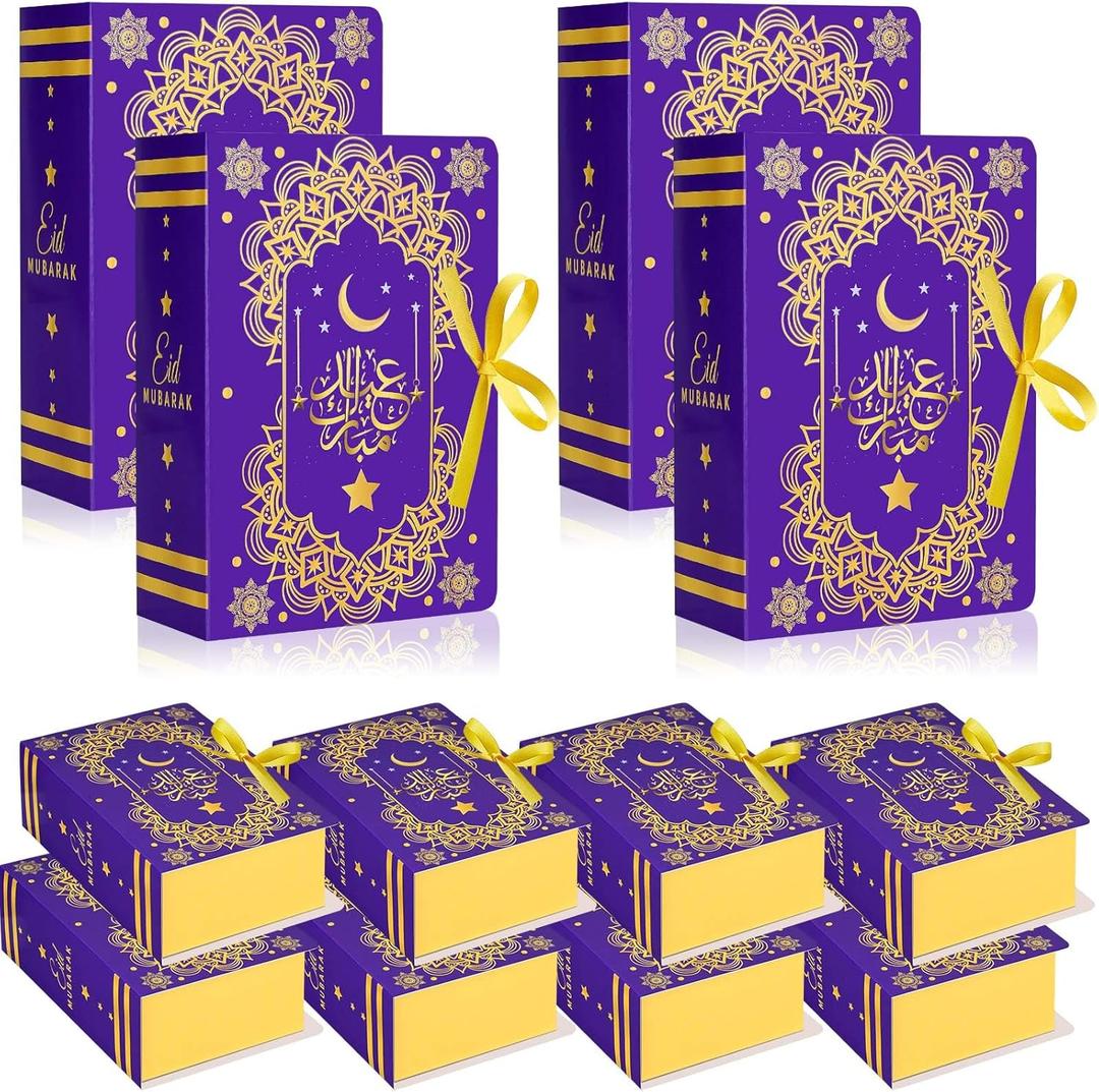 36Pcs Ramadan Eid Mubarak Favor Boxes Gold Moon Star Ramadan Kareem Treat Boxes Square Candy Ramadan Box with Ribbon for Eid Party Decor (Purple/Gold)
