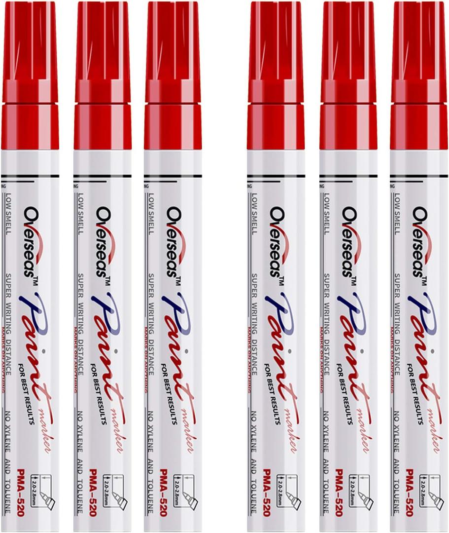 Overseas Red Paint Markers Pens - Single color 6 Pack Permanent Oil Based Paint Pen, Medium Tip, Quick Dry and Waterproof Marker for Rock, Wood, Fabric, Plastic, Canvas, Glass, Mugs, Canvas, Glass
