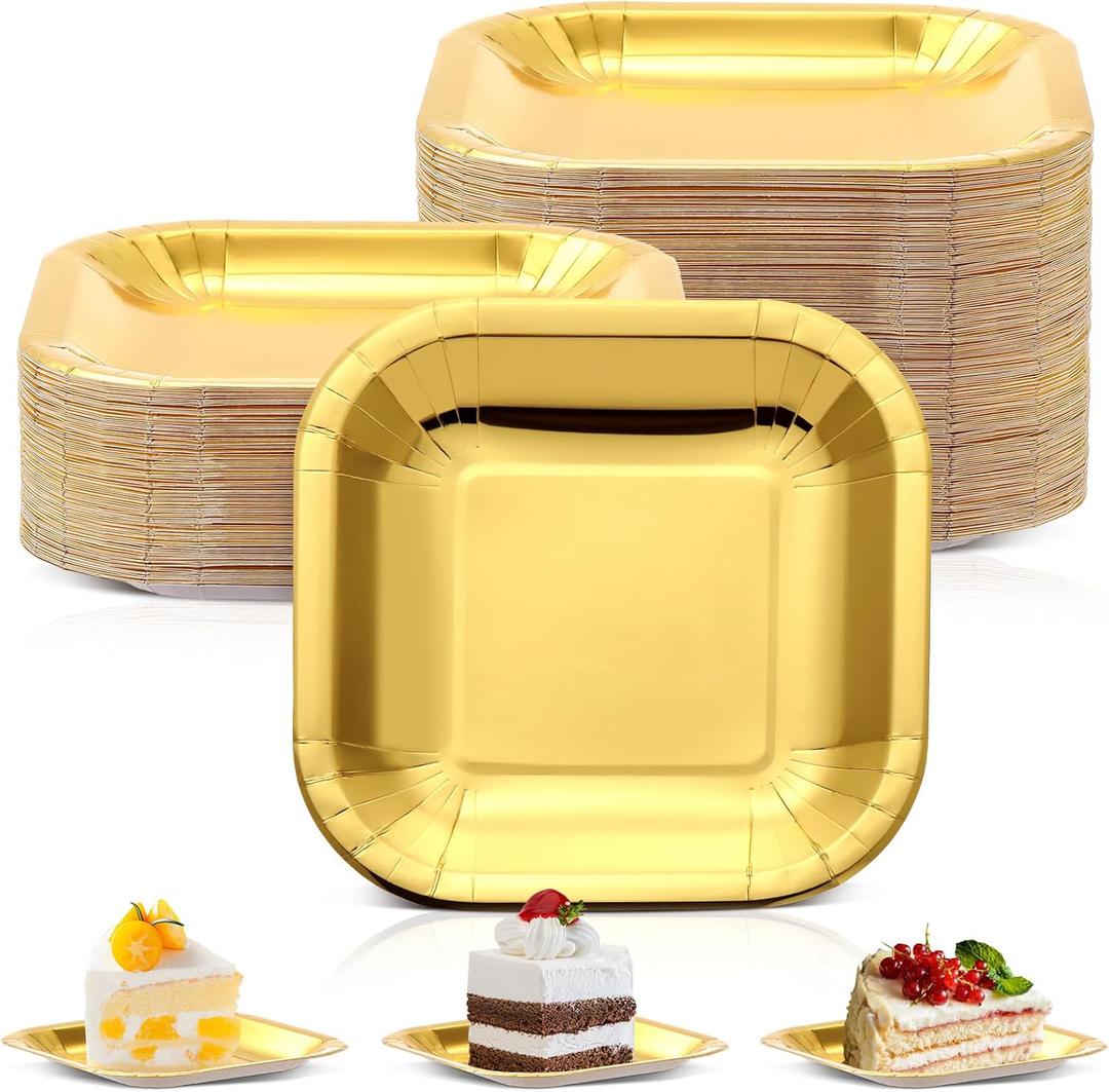 Dandat 100 Pack 7 Inch Paper Square Plates Appetizer Disposable Cake Plates Disposable Lunch Metallic Foil Dessert Tableware for Graduation Birthday Wedding Anniversary Party Supplies (Gold)