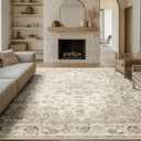 8x10 Washable Neutral Area Rug Beige Floral Living Room Bedroom Large Carpet Non-Slip Low Pile Vintage Soft Thin Throw Rug for Dining Room Office Kitchen Indoor Nursery (8' x 10' (Rectangular))