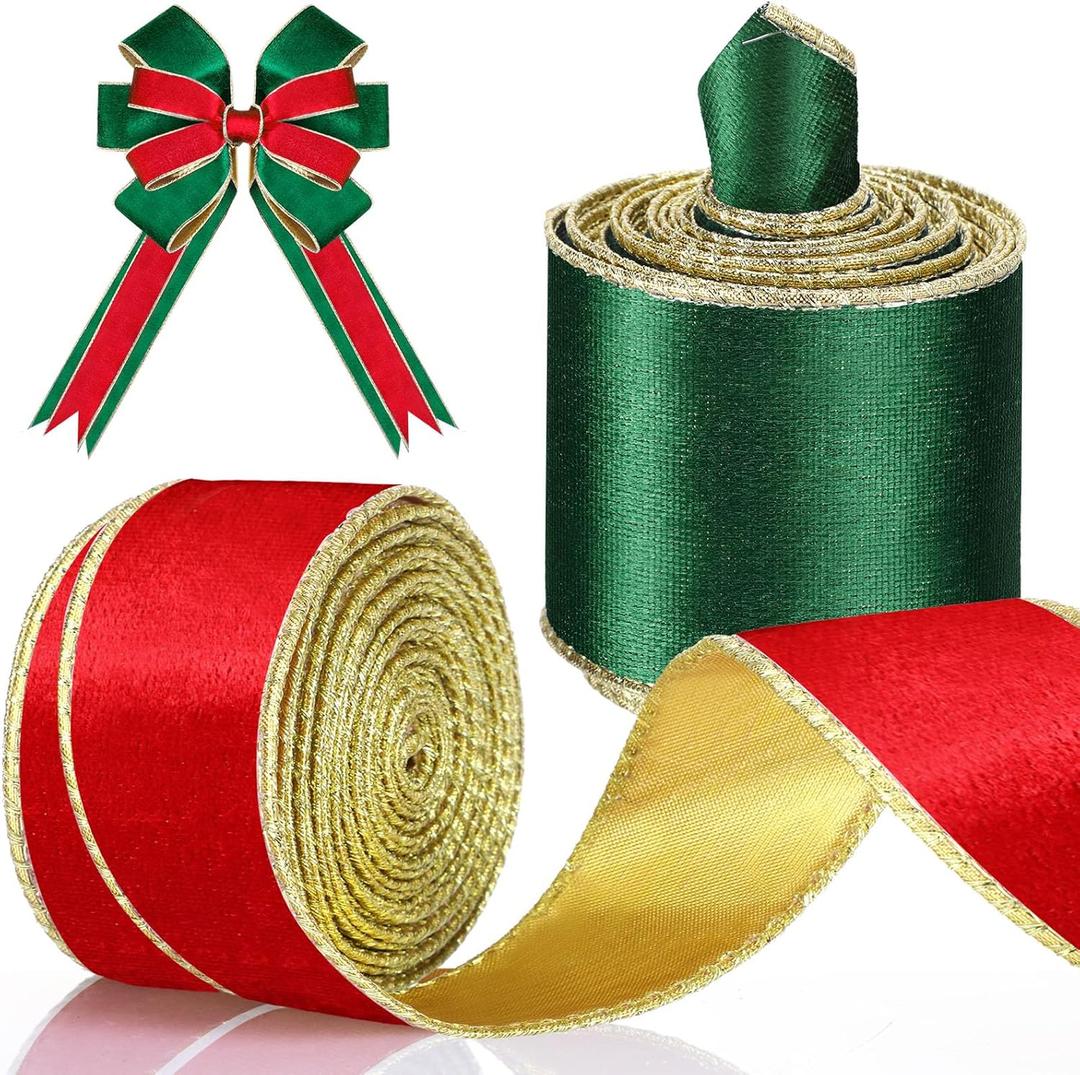 Riceshoot 2 Rolls Valentines Day Velvet Wired Ribbon 1.5, 2.5 Inch Wide Velvet Ribbon with Edge for Wedding Tree Decoration Gift Wrap Bow DIY Decoration, Total 20 Yards(Green, Red Gold)
