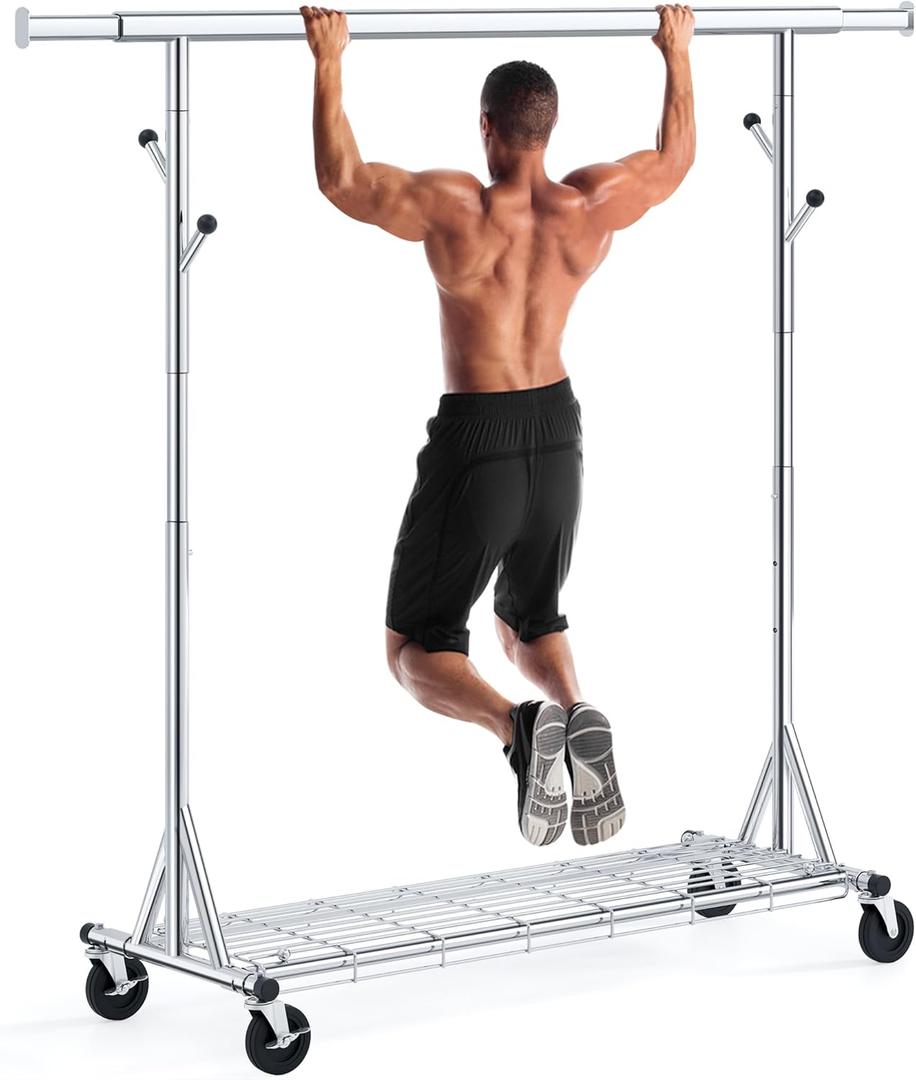 Heavy Duty Clothes Rack Load 480 LBS Metal Clothing Garment Rack Hang 200 pieces of clothing on Wheels Collapsible Rolling Portable & Adjustable with Hook for Hanging Clothes (Silver)