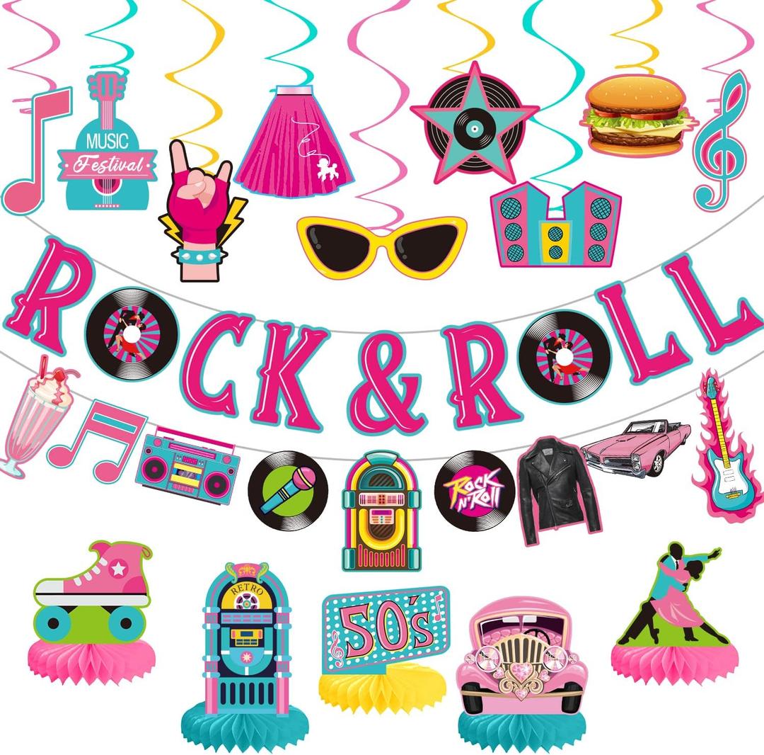 LARRAZABAL 50's Party Decorations Include Rock and Roll Banner, 50s Theme Hanging Swirls and Honeycomb Centerpieces for 1950s Party Decorations, Back to 50's Rocking Party Supplies (Colorful)