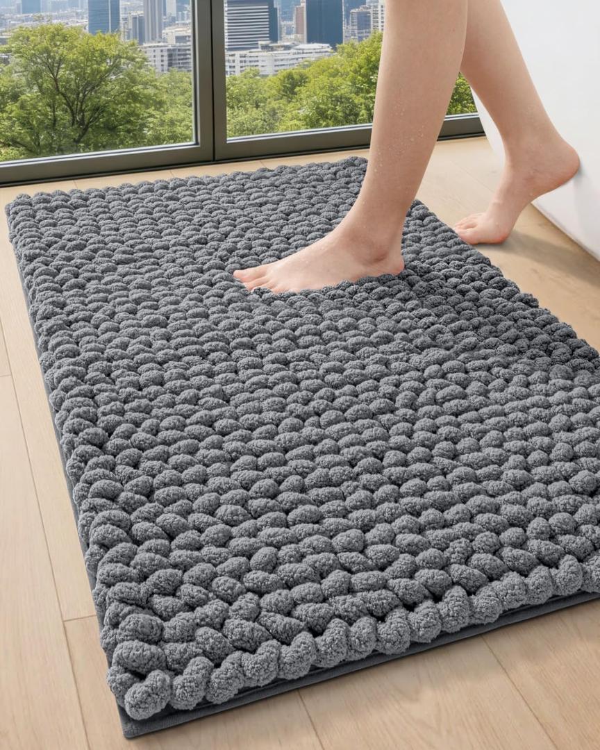 DEXI Bathroom Rugs 24x36, Non Slip Washable Bath Mat, Luxury Chenille Super Absorbent Ultra Thick Bathmats for Shower Floor, Plush Fluffy Shaggy Carpet for Tub, Dark Grey