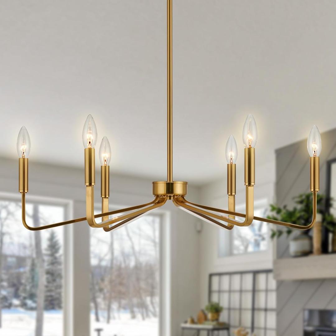 ACANER Brushed Gold Chandeliers for Dining Room, 6-Light Modern Farmhouse Chandelier, Brass Candle Style Hanging Light Fixture for Living Room Bedroom Kitchen Island