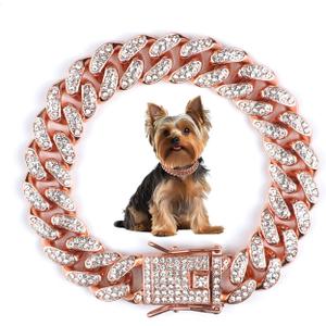 Cuban Dog Chain Collars, Rose Gold Crystal Pet Necklace, Metal Pet Necklace with Safety Buckle Lock, for Small Medium Large Dogs Cats (8 Inch)