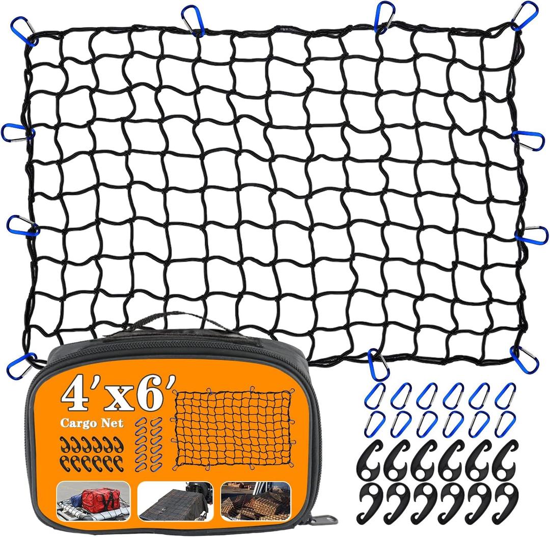 4x6 Truck Cargo Net Expands to 8' x 12' with 4"x4" Mesh Grid Super Duty Bungee Heavy Duty Bed Netting for Truck Bed Stretches with 12 Adjustable Metal Carabiners by Cenipar