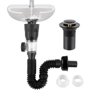 iFealClear Bathroom Sink Drain Kit, Flexible P-Trap Drain Pipe with Pop Up Stopper, Expandable Bathroom Sink Pipe Replacement with 2 Adapters, Fits 1-1/4'', 1-1/2'', 2" Holes, Hair Catcher, Black