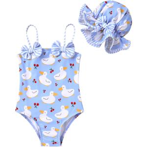 YOUNGER TREE Toddler Baby Girl Swimsuit Infant One Piece Bathing Suits with Hat Newborn Summer Beach Swimwear (18-24 Months, Blue Duck)