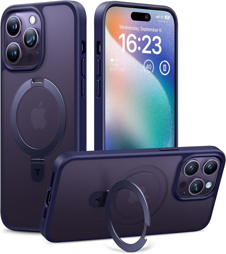 TORRAS Ultra Magnetic for iPhone 14 Pro Case with Sturdy Stand, [Exceed 3X Mil-Grade Shockproof & Compatible with MagSafe] Sleek Unbreakable Kickstand Case Ostand Series, Matte Purple