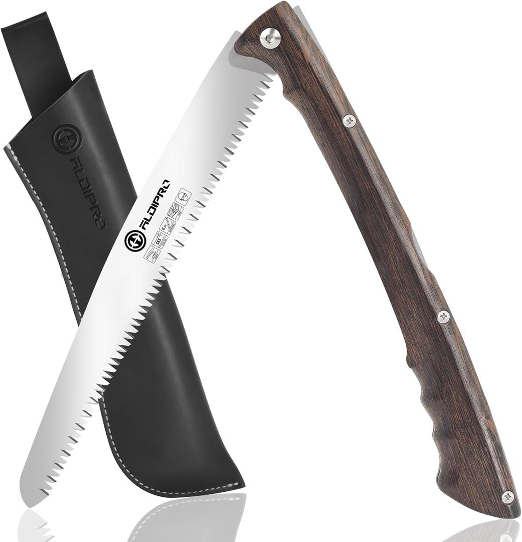 Folding Pruning Saw 10 Inch with Leather Sheath and Wenge Wooden Handle, SK5 Steel Blade, Foldable Hand Saw for Camping, Survival, Wood Cutting, Bushcraft and Tree Trimming (Black)