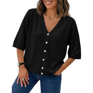 Saodimallsu Womens Half Short Sleeve Cardigans Summer Lightweight Knit V Neck Button Down Casual Sweater Tops (Large, Black)