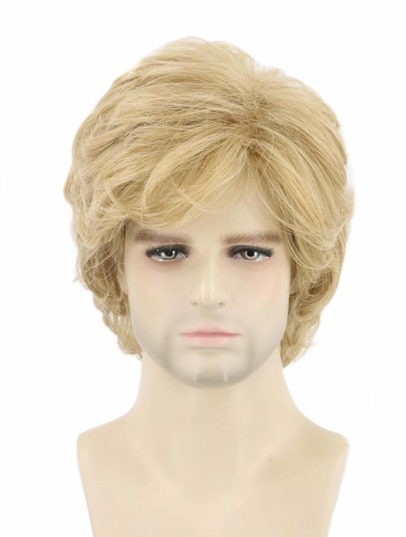 Topcosplay Blonde Wig for Men Short Wavy Shaggy Style 70s Man Wigs Cosplay Halloween Costumes Party Wig