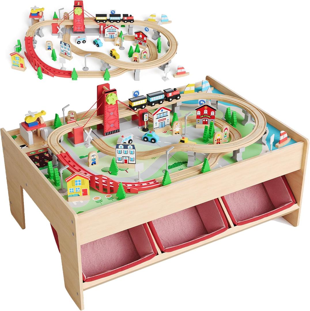 Garvee 2-in-1 Wooden Train & Reading Table Set, 92 Piece with 3 Storage Bins, Railway Tracks, City Theme Accessories, Multi-Purpose Toddler Activity Table for Boys & Girls Ages 3+